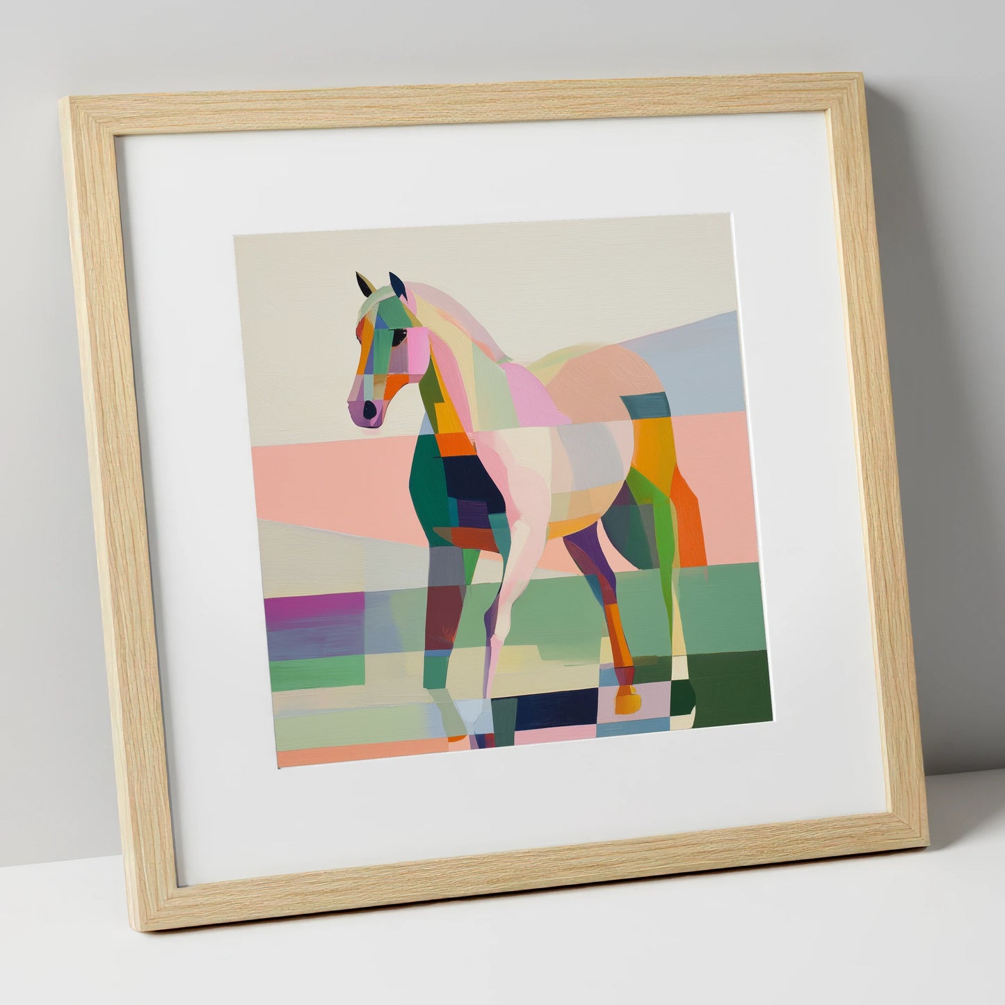 Vibrant Equine Geometry horse breed art print in natural frame