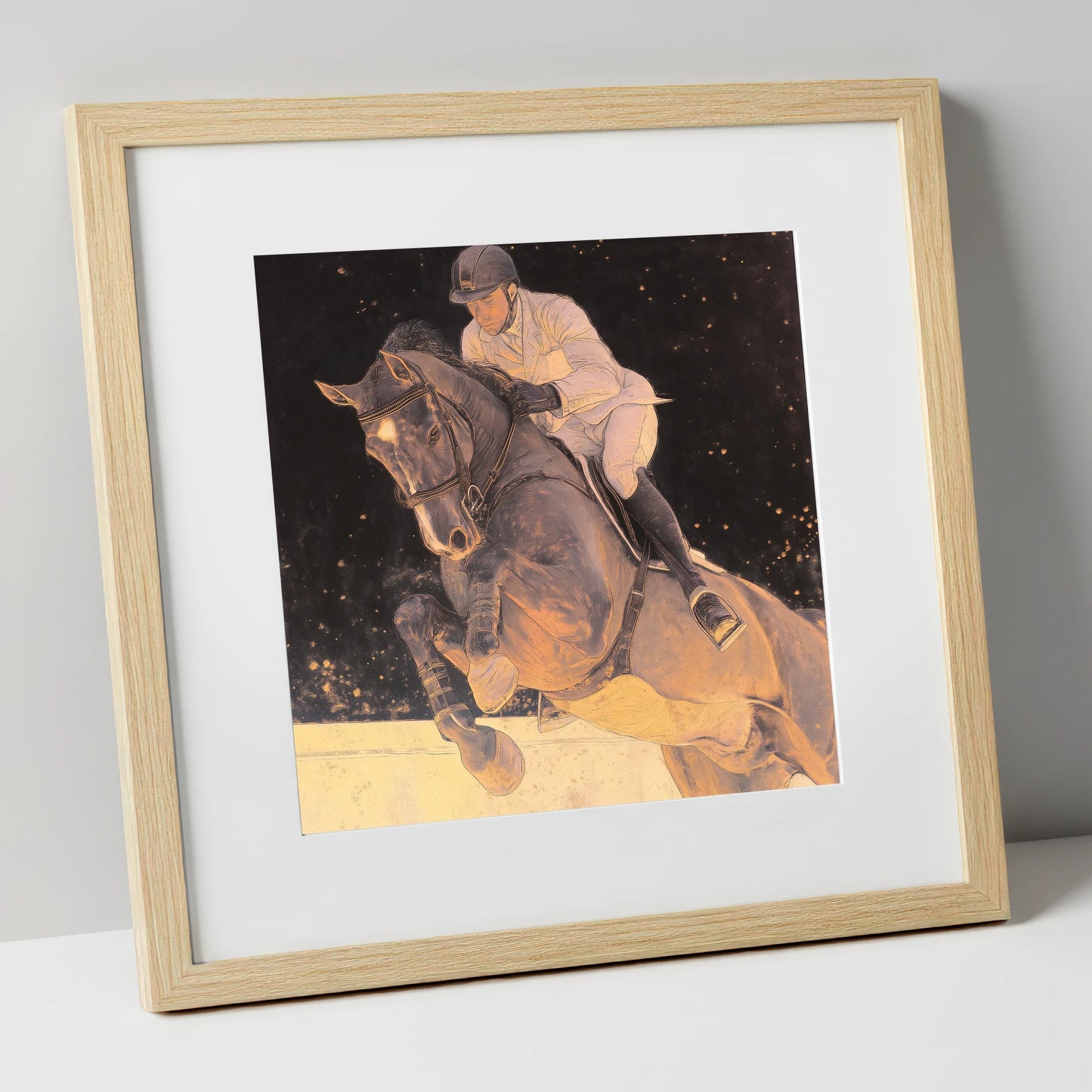Stardust Showjumper show jumping horse art print in natural frame