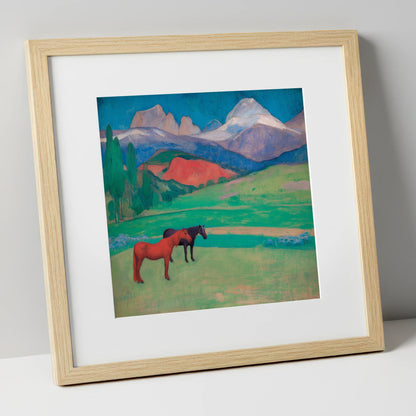 Crimson Mountain Companions horse landscape art print in natural frame