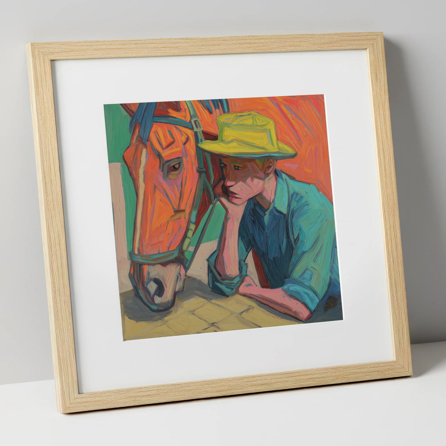 Quiet Companionship horse & rider art print in natural frame