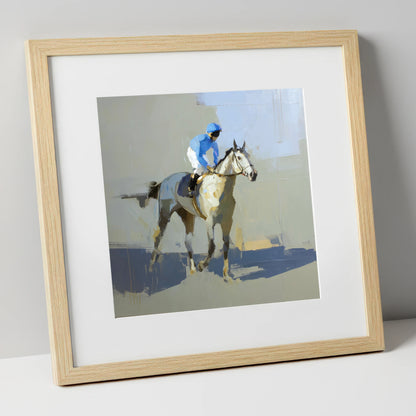 Blue Silks and Shadows racing horse art print in natural frame