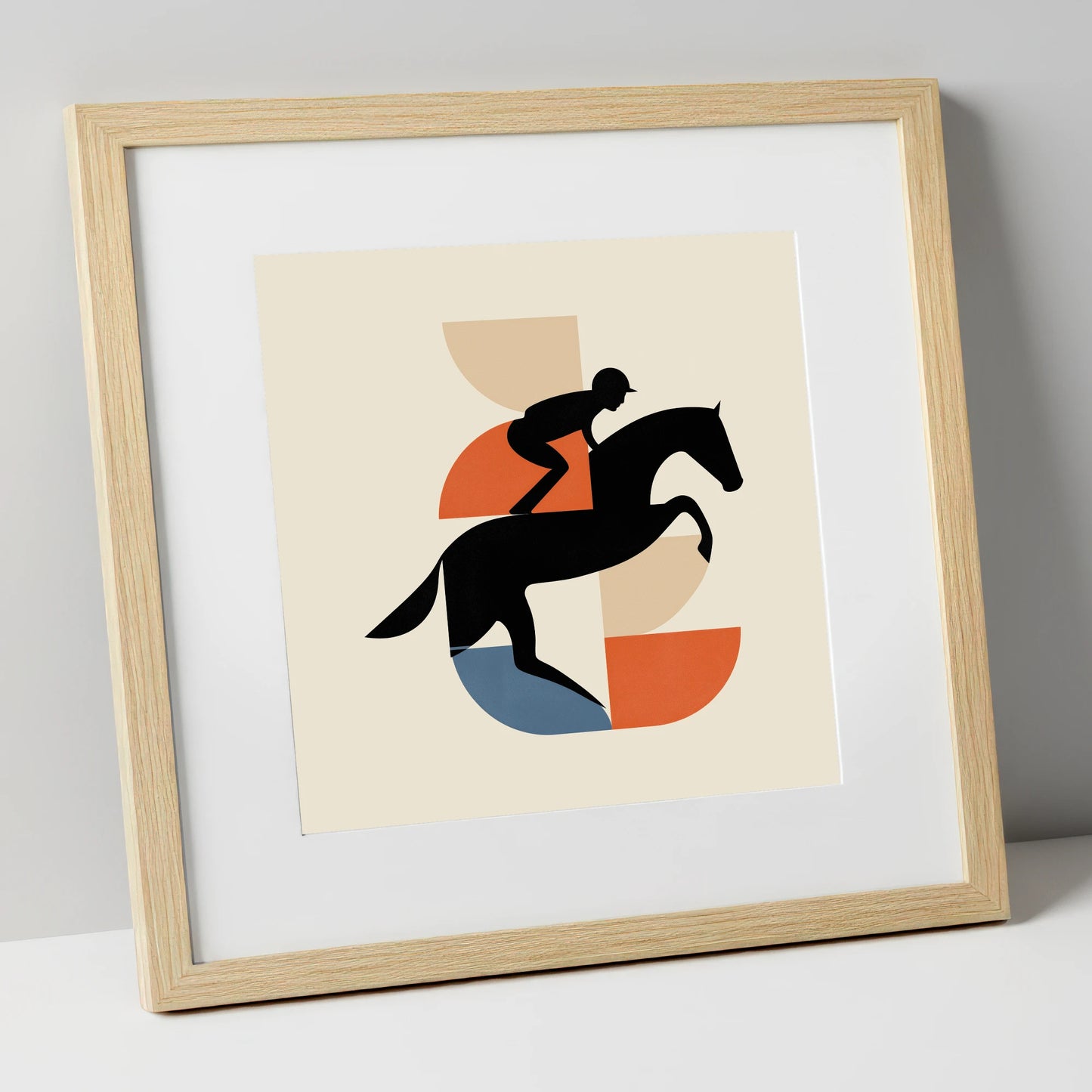 Geometric Steeplechase racing horse art print in natural frame