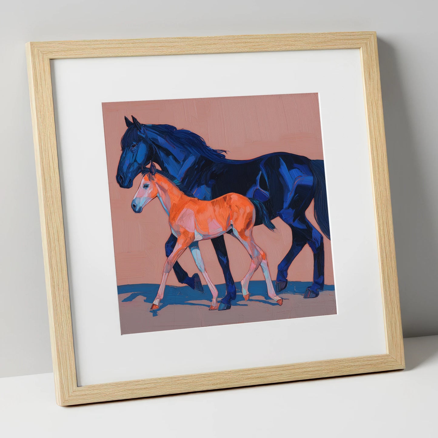 Cobalt and Coral mare & foal art print in natural frame