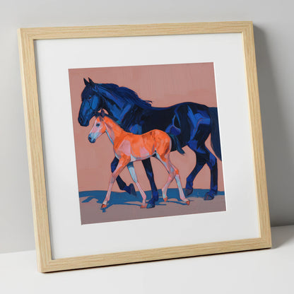 Cobalt and Coral mare & foal art print in natural frame