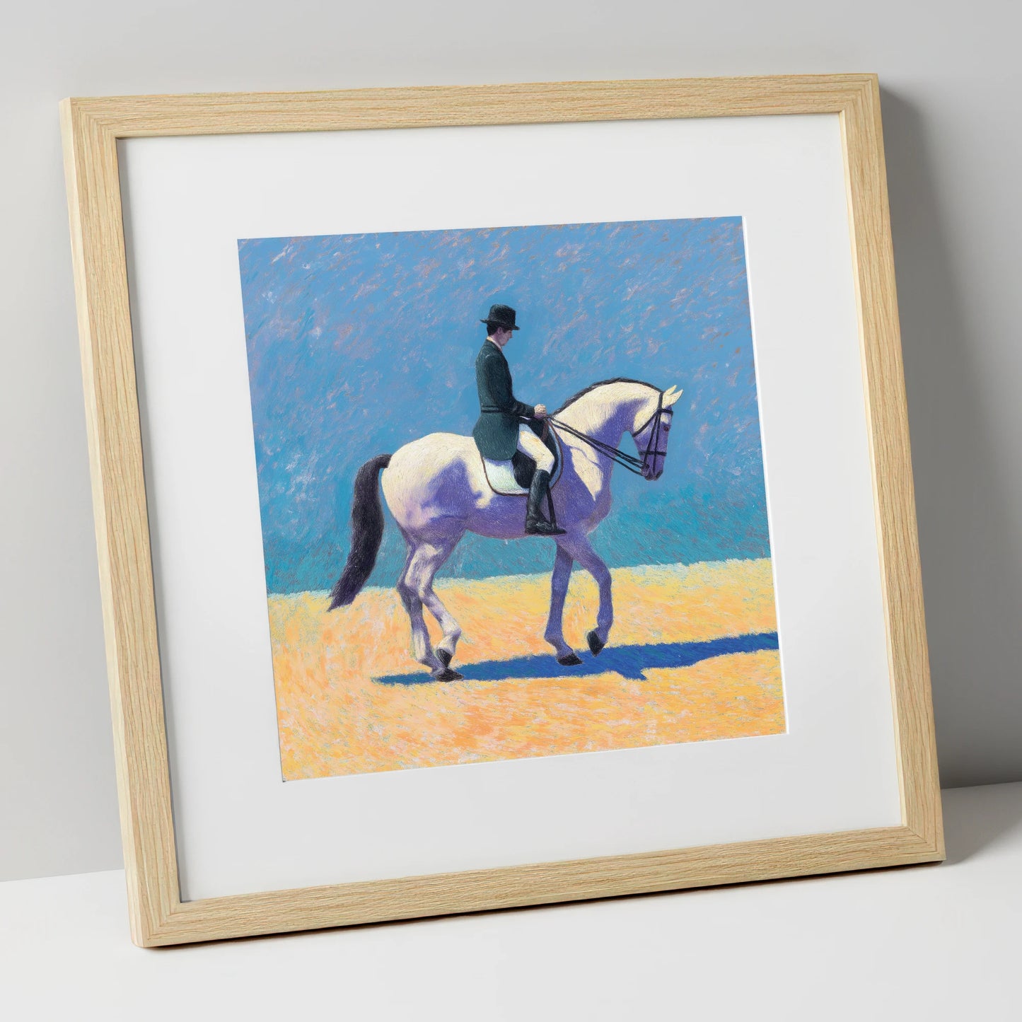 Lavender Shadows Dressage dressage horse art print in natural frame