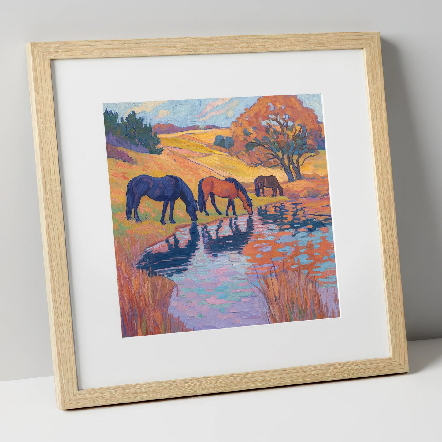 Painted Pasture Reflections horse landscape art print in natural frame