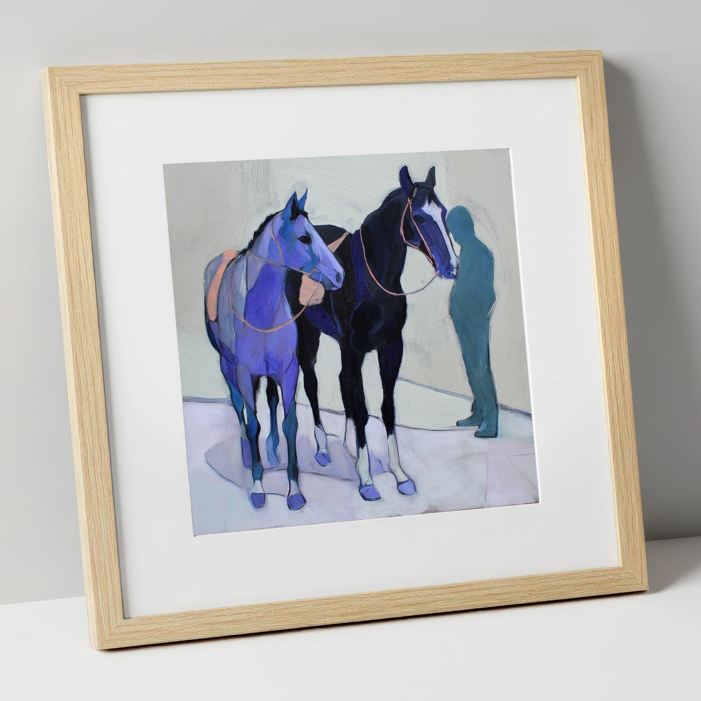 Shadows of the Yard racing horse art print in natural frame