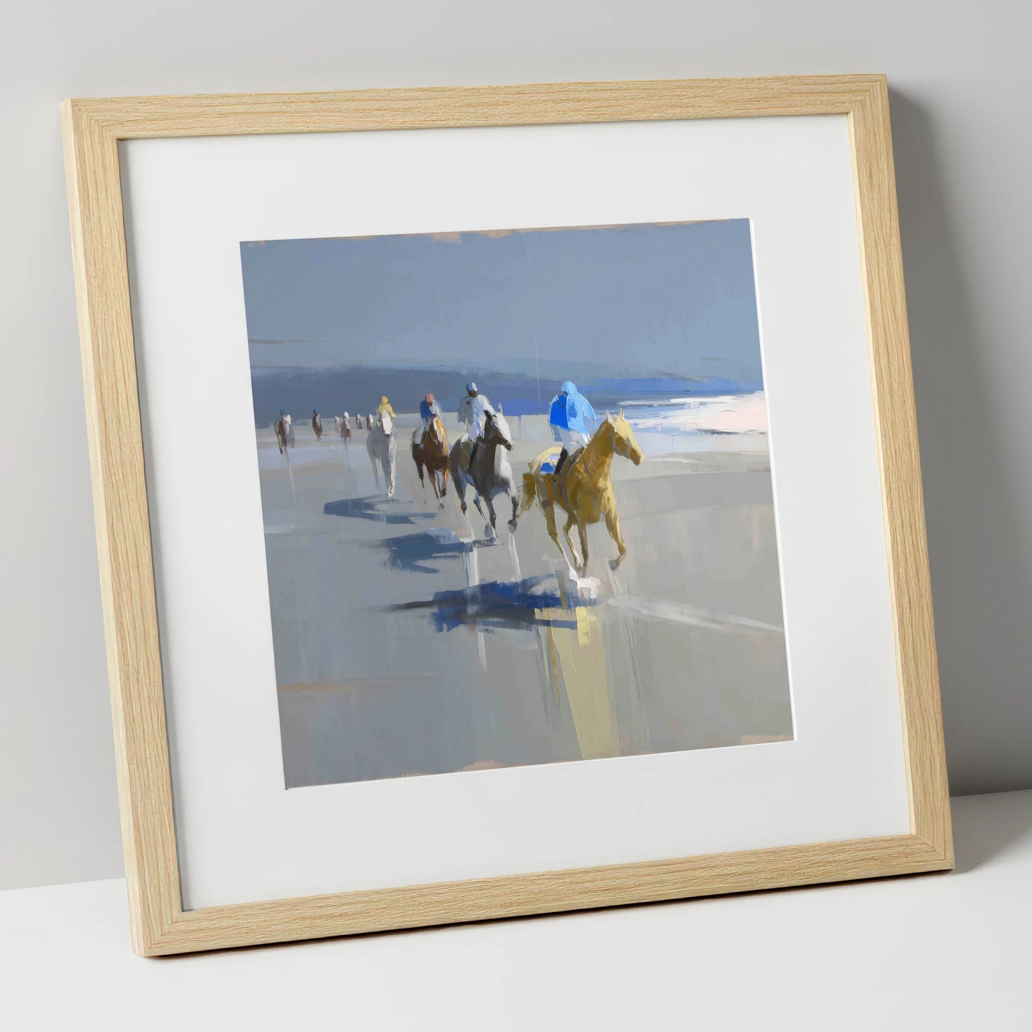 Coastal Morning String racing horse art print in natural frame