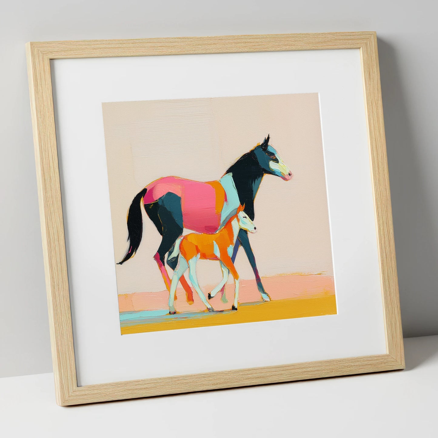 Vivid Strides mare & foal art print in natural frame