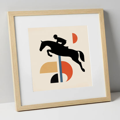 Retro Geometric Showjumper show jumping horse art print in natural frame