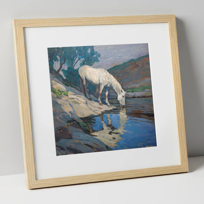 Tranquil Waters Edge horse landscape art print in natural frame