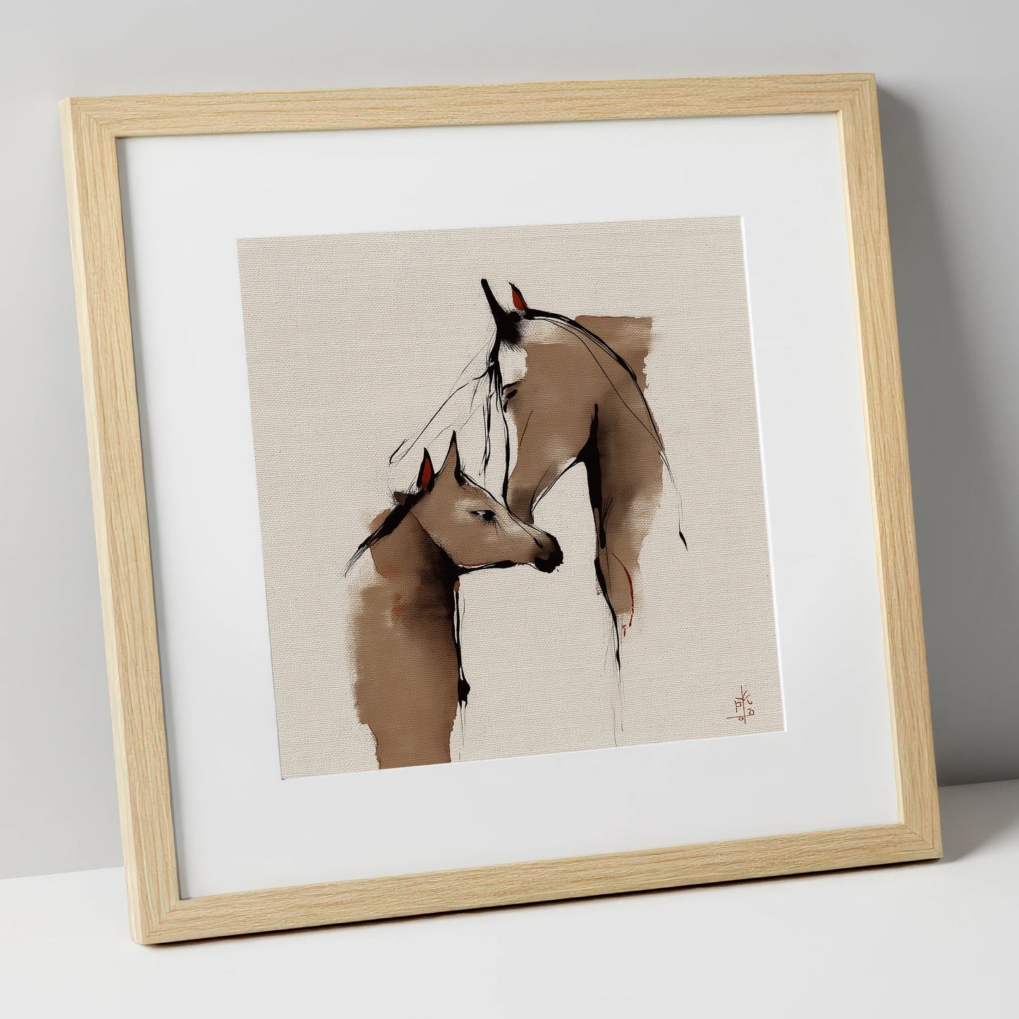 Silent Devotion mare & foal art print in natural frame