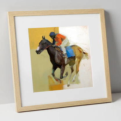 Full Stretch Momentum racing horse art print in natural frame