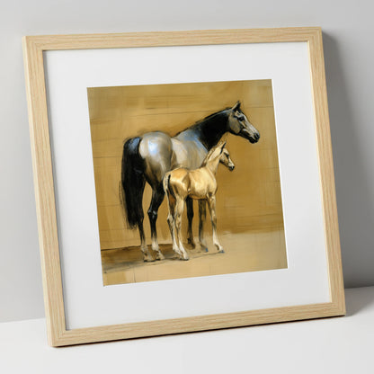 Slate and Gold mare & foal art print in natural frame