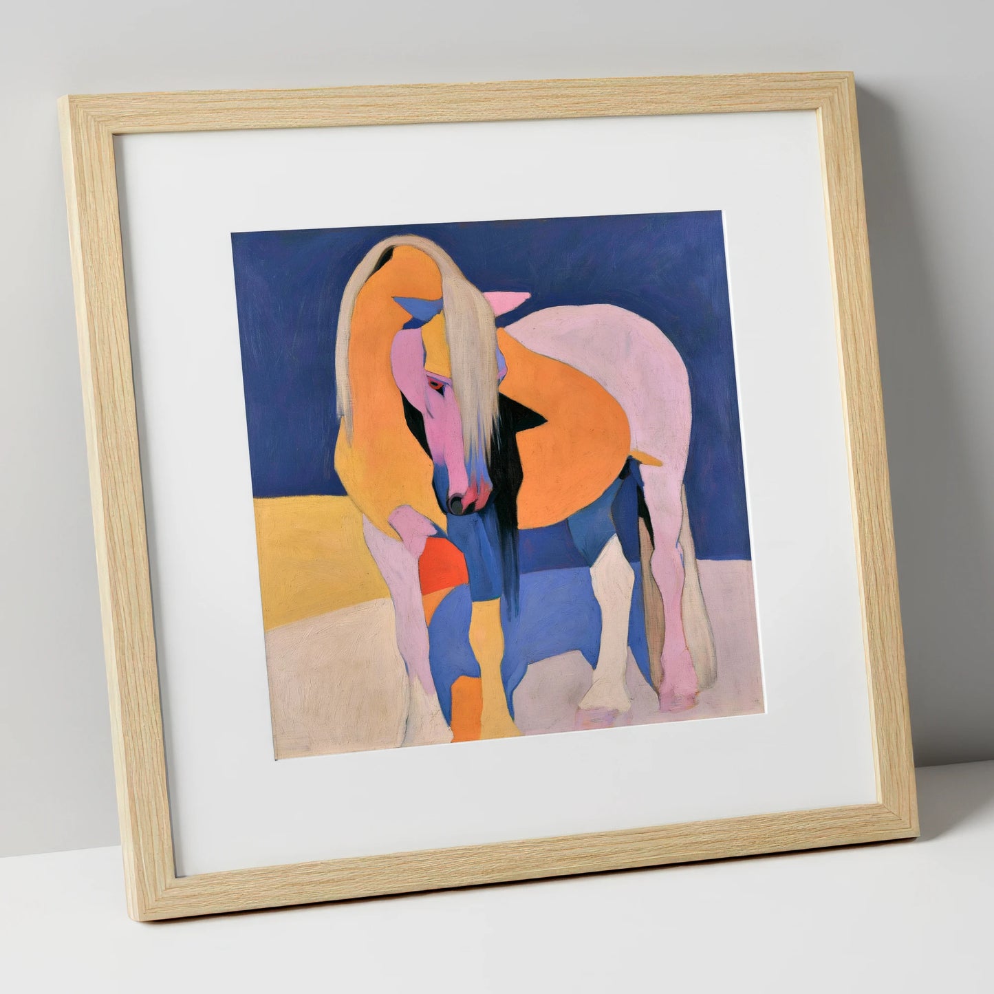 Vibrant Pink And Orange Horse horse breed art print in natural frame