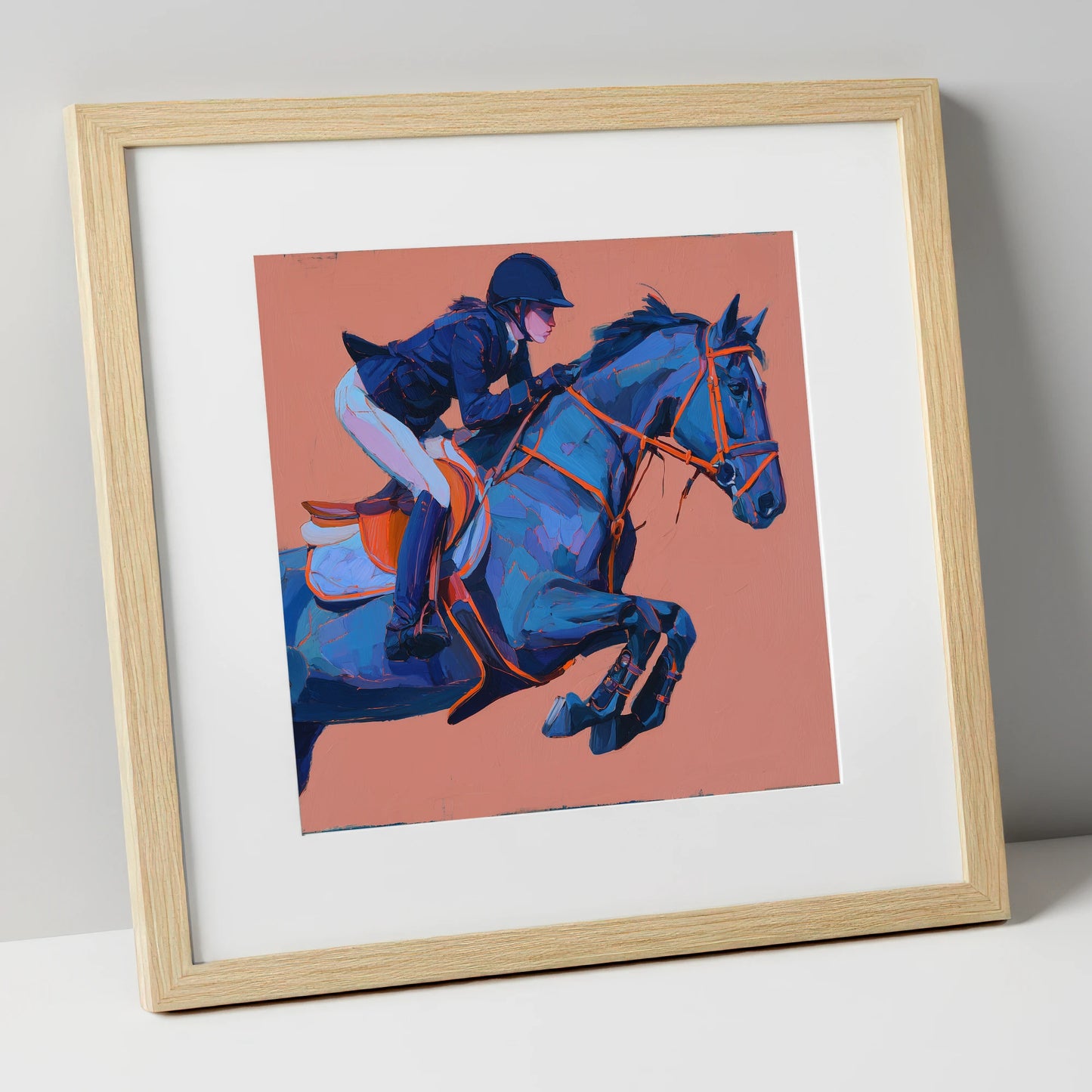 Indigo Leap show jumping horse art print in natural frame