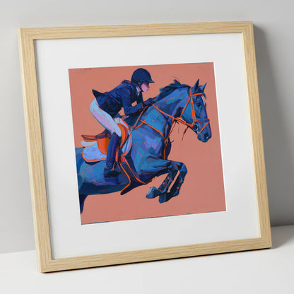 Indigo Leap show jumping horse art print in natural frame