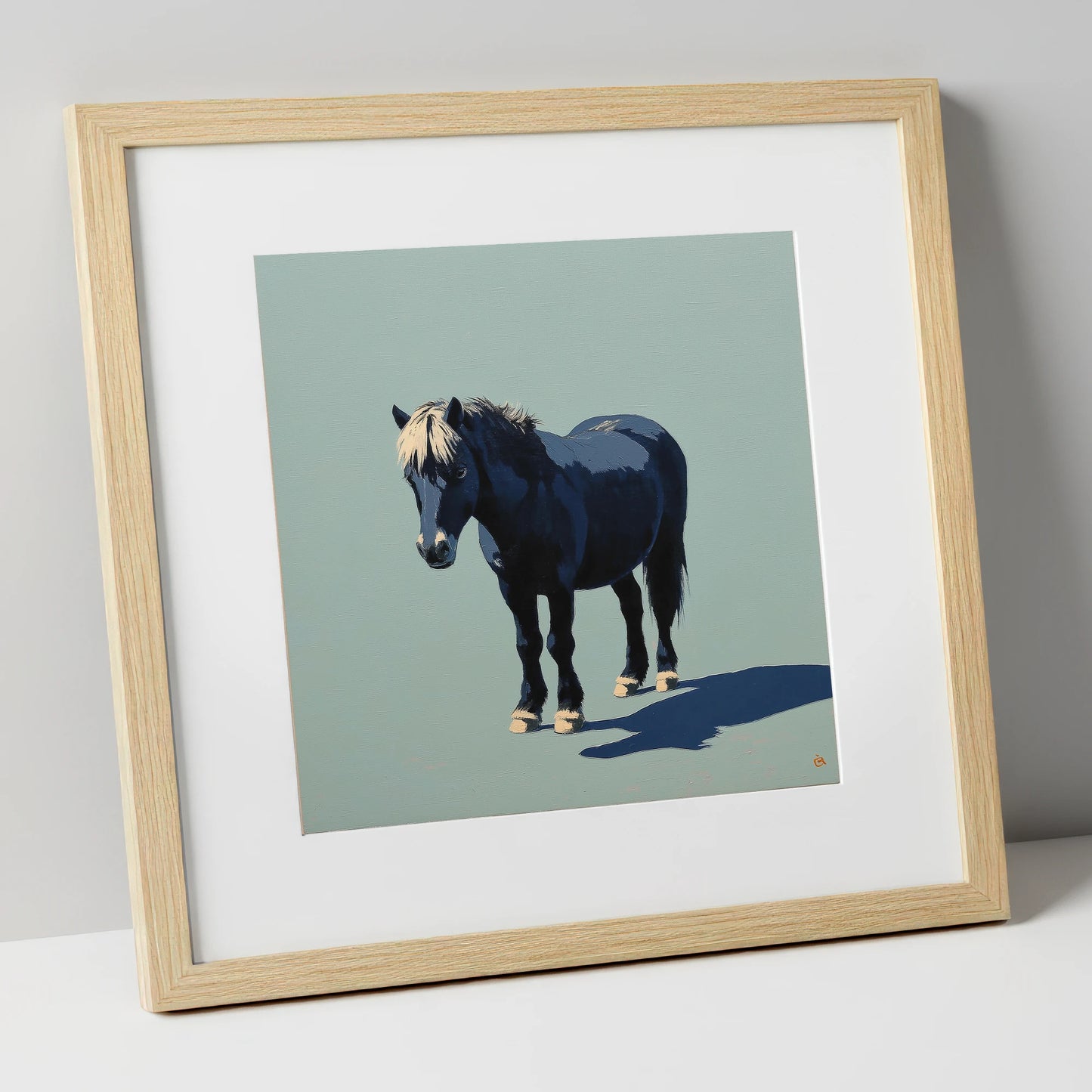 Midnight Blue Pony horse breed art print in natural frame