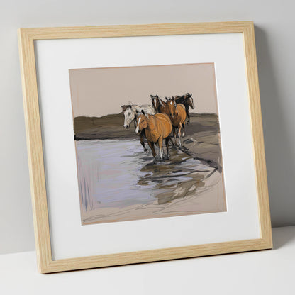 Herd at the Shallows wild horses art print in natural frame