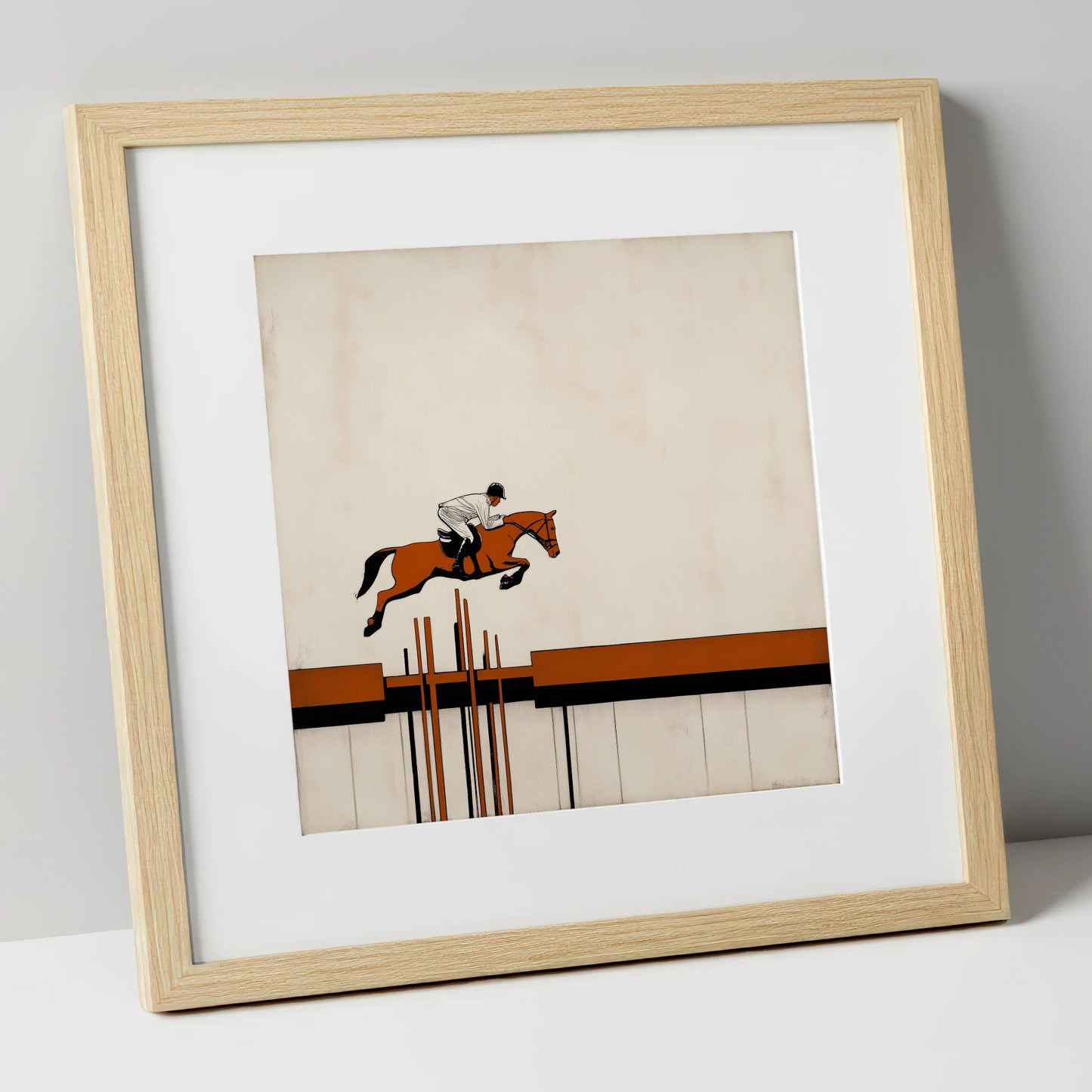 The Modernist Leap show jumping horse art print in natural frame
