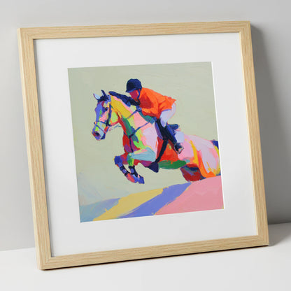 Technicolour Flight show jumping horse art print in natural frame
