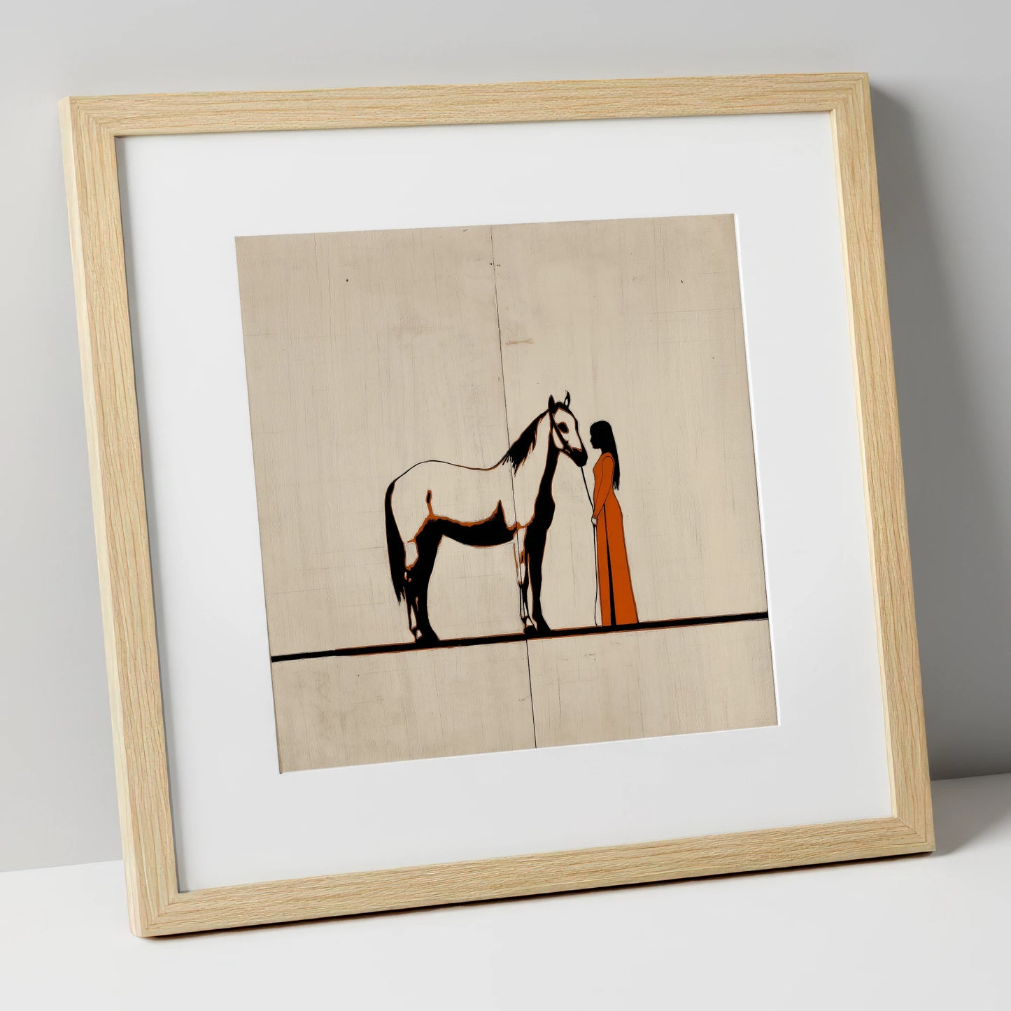 Quiet Connection horse & rider art print in natural frame