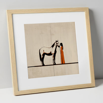Quiet Connection horse & rider art print in natural frame
