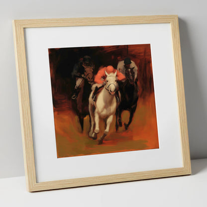 Breaking from the Pack racing horse art print in natural frame