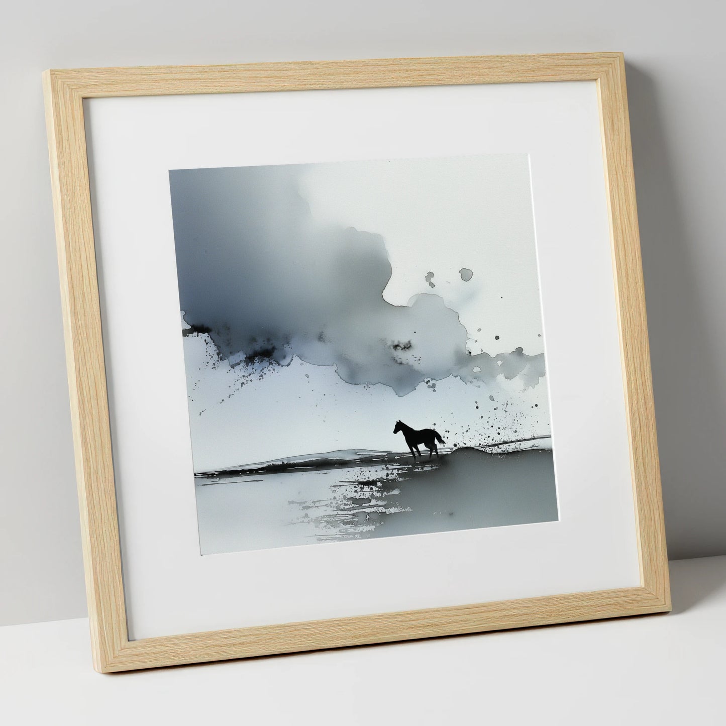 Atmospheric Grey Horizon horse landscape art print in natural frame