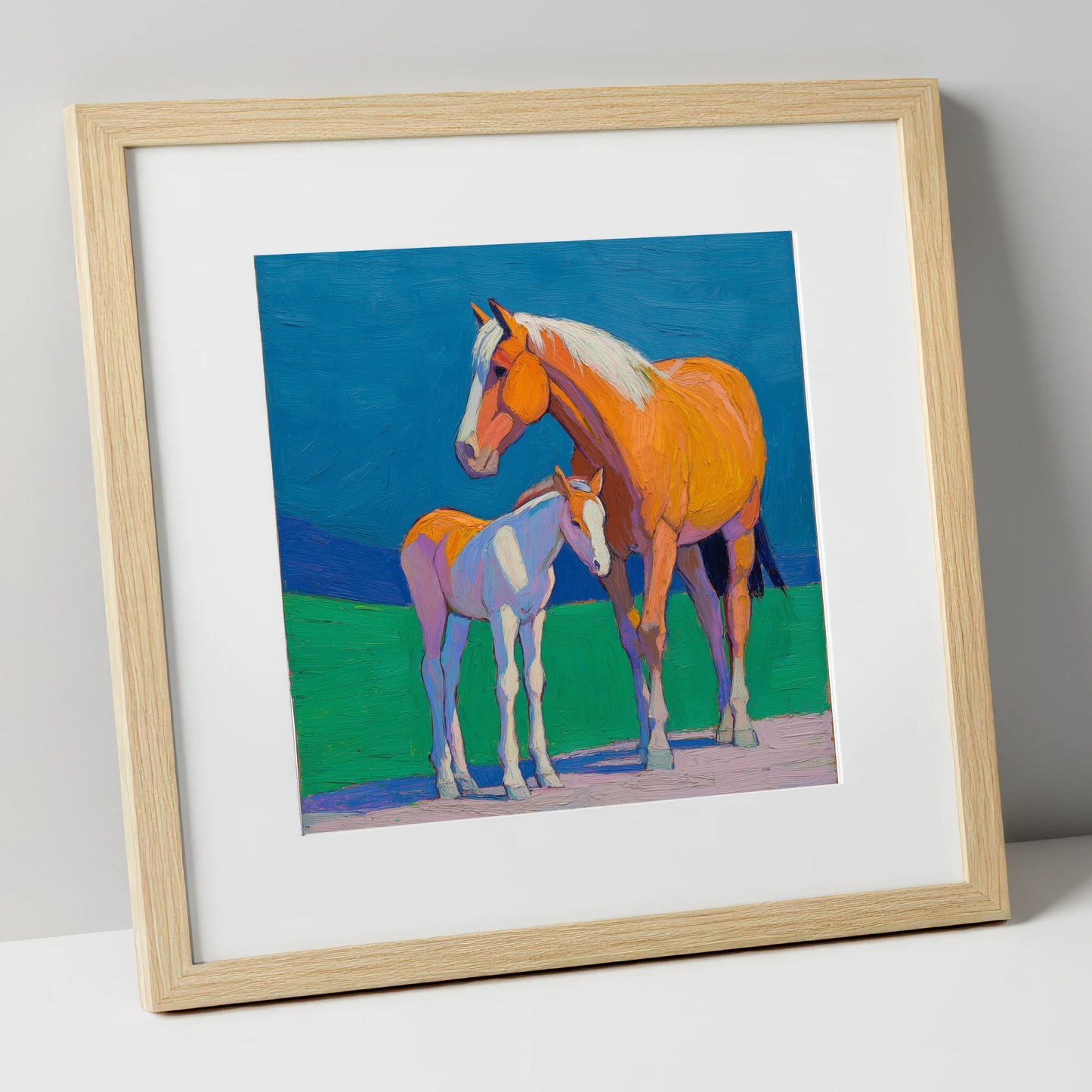 Vivid Summer Bond mare & foal art print in natural frame