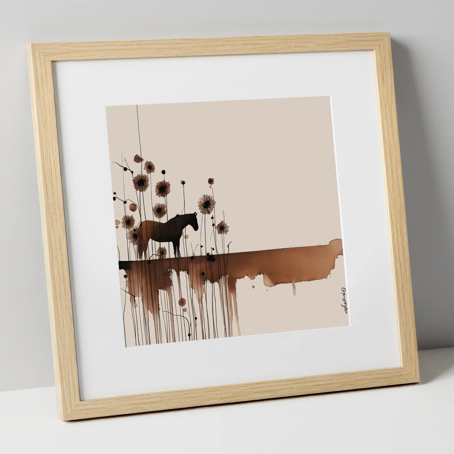 Sepia Sunflower Silhouette horse landscape art print in natural frame