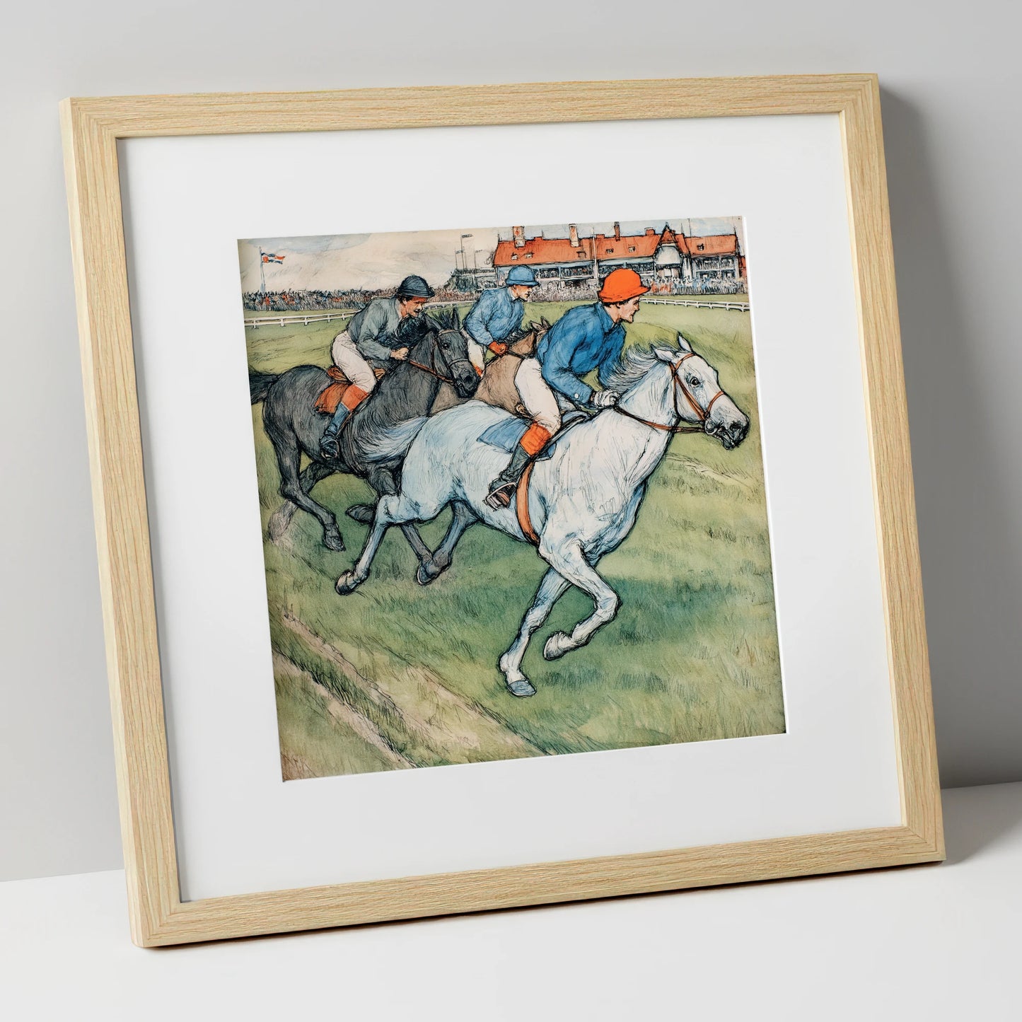 The Final Furlong racing horse art print in natural frame