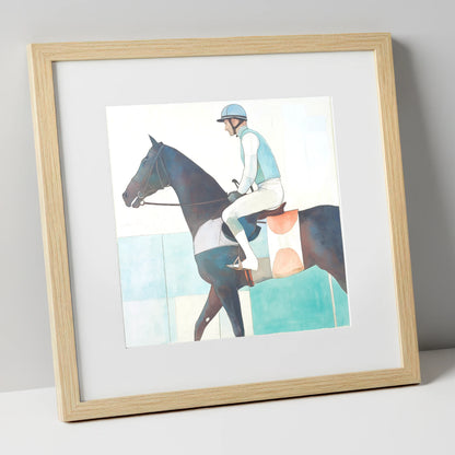 Aquamarine Stride racing horse art print in natural frame