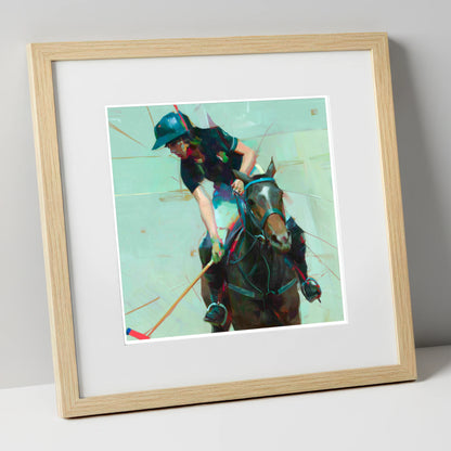 Mid-Match Focus polo horse art print in natural frame