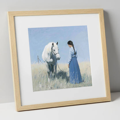 The Silent Conversation horse & rider art print in natural frame