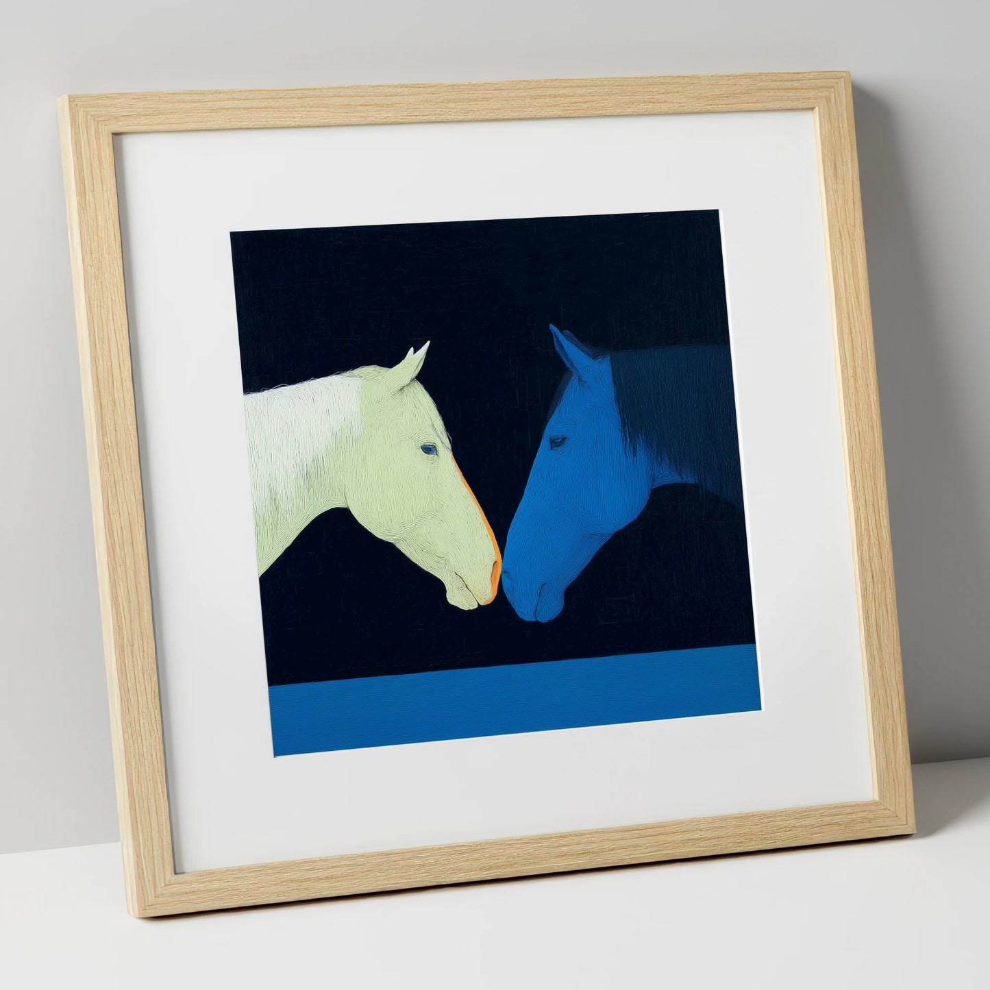 Midnight Connection horse portrait art print in natural frame