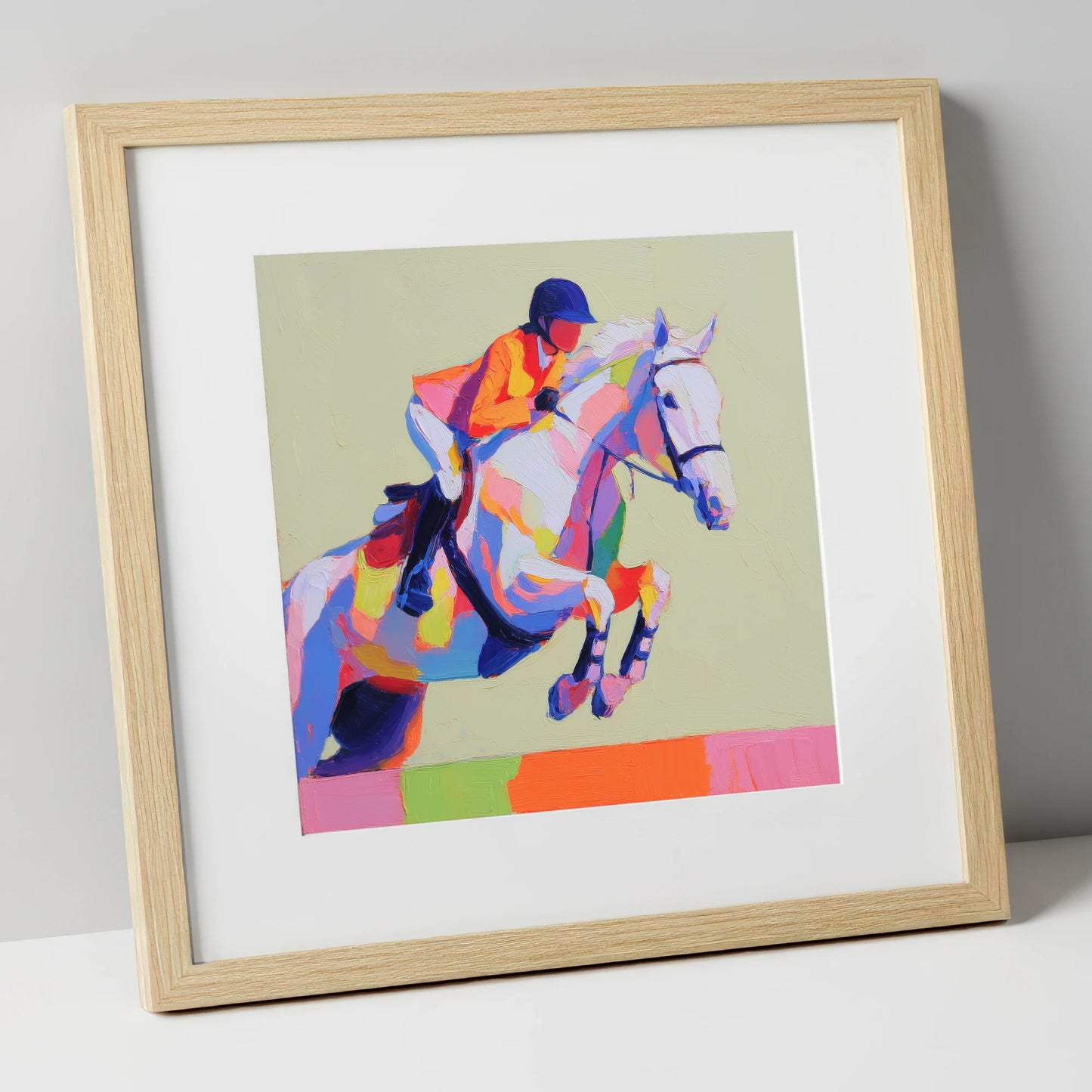 Technicolour Flight show jumping horse art print in natural frame