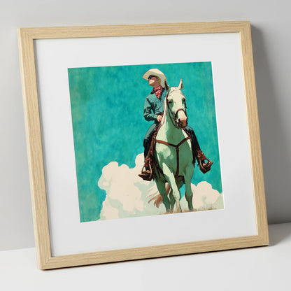 Teal Sky Rider western horse art print in natural frame