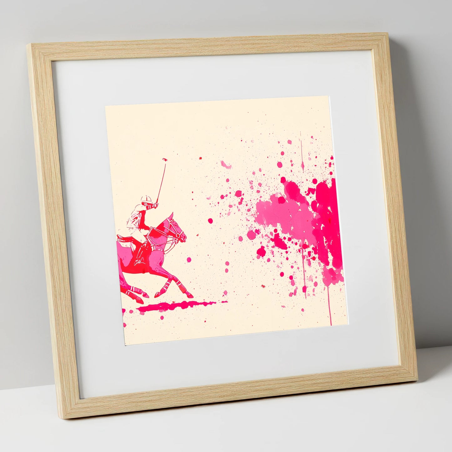 Magenta Polo Strike polo horse art print in natural frame