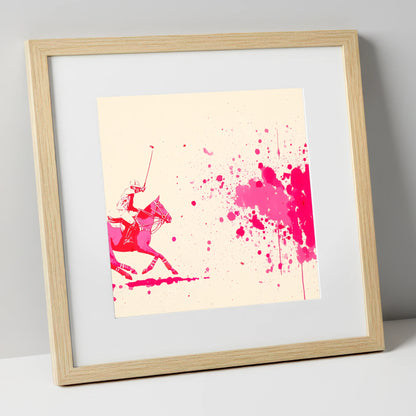Magenta Polo Strike polo horse art print in natural frame