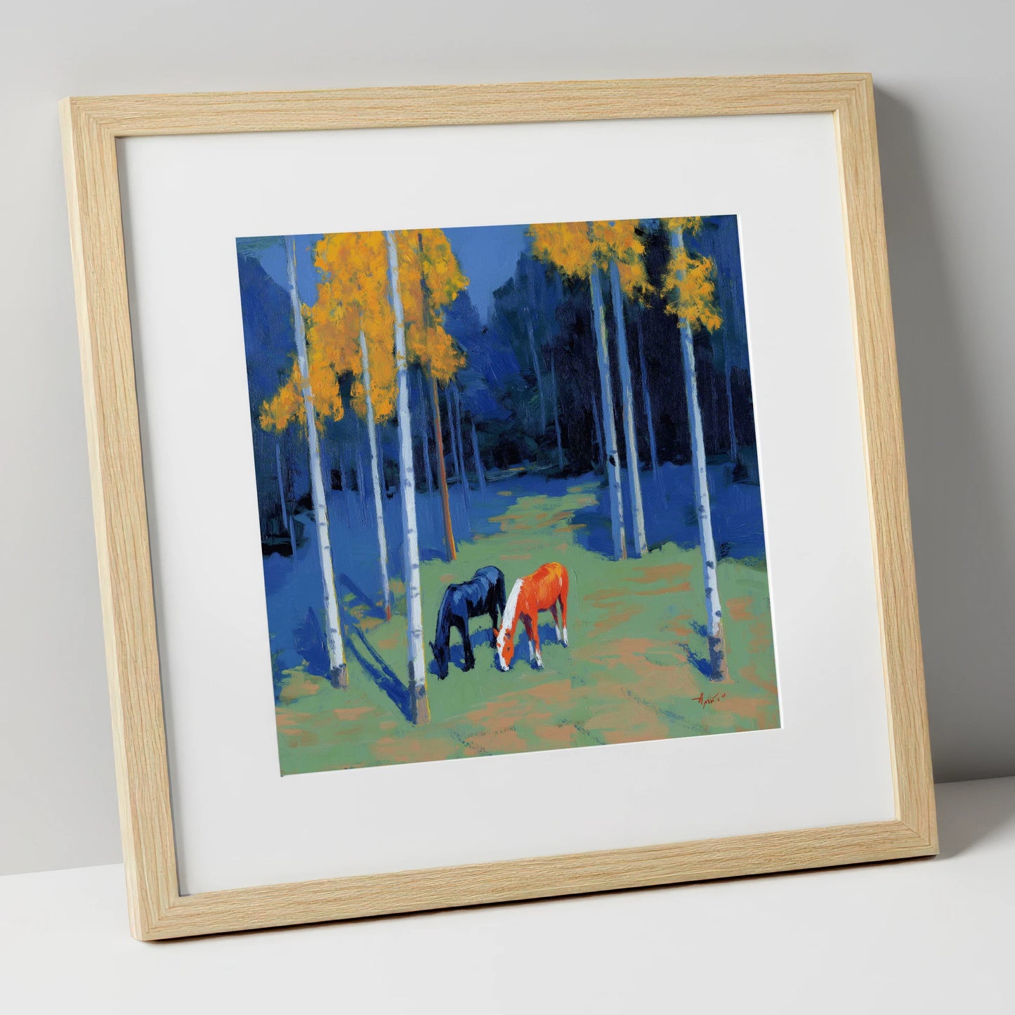 Birch Grove Grazing horse landscape art print in natural frame