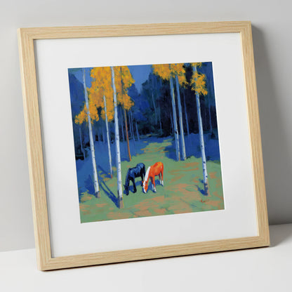 Birch Grove Grazing horse landscape art print in natural frame