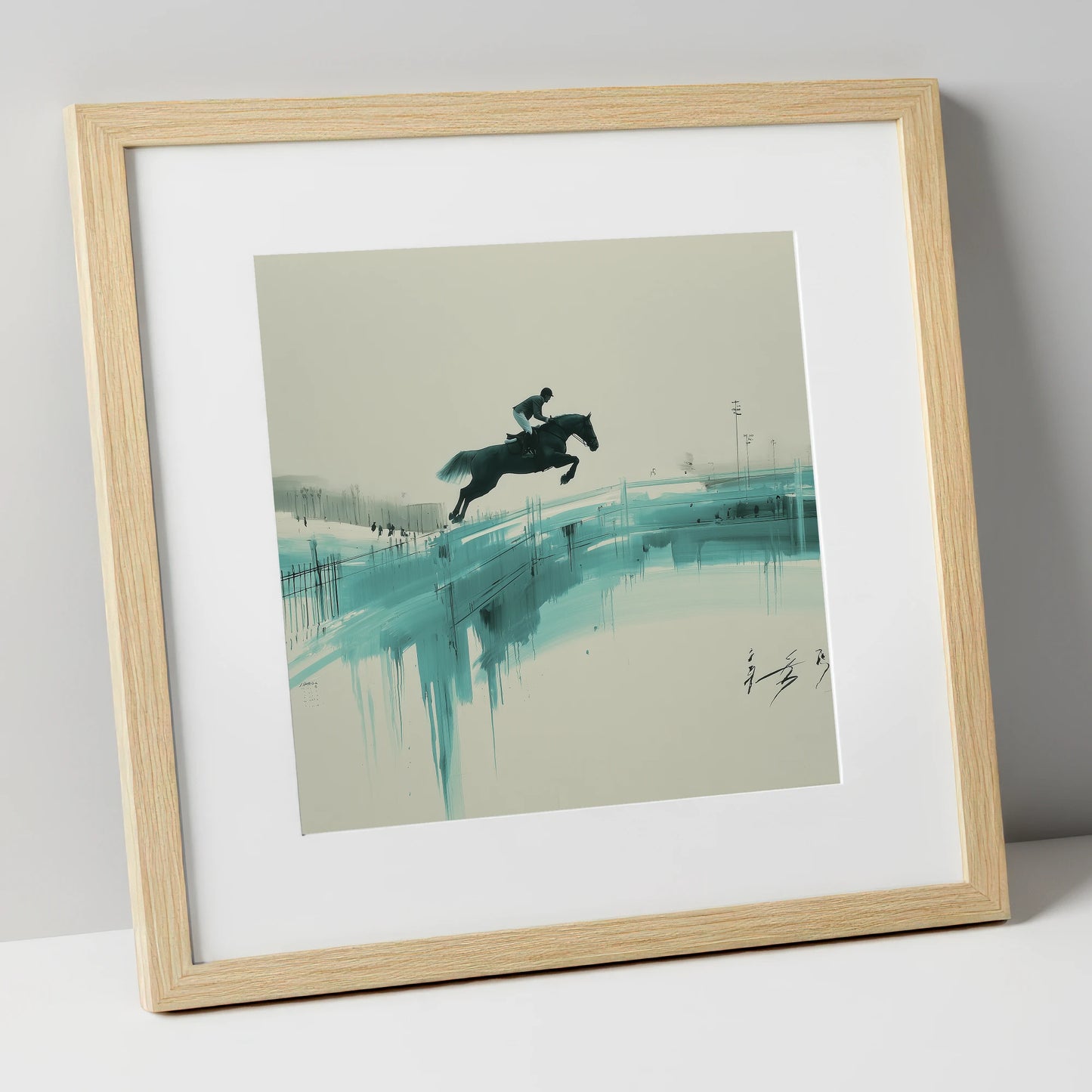 Airborne in Teal show jumping horse art print in natural frame