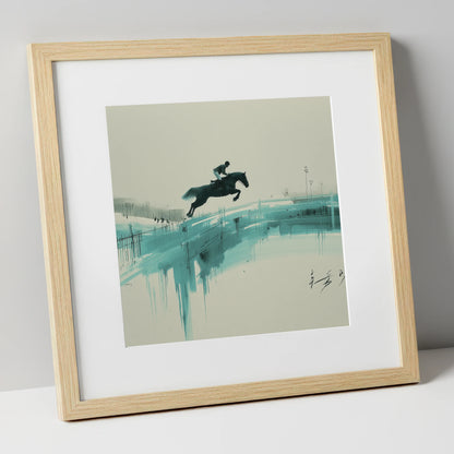 Airborne in Teal show jumping horse art print in natural frame