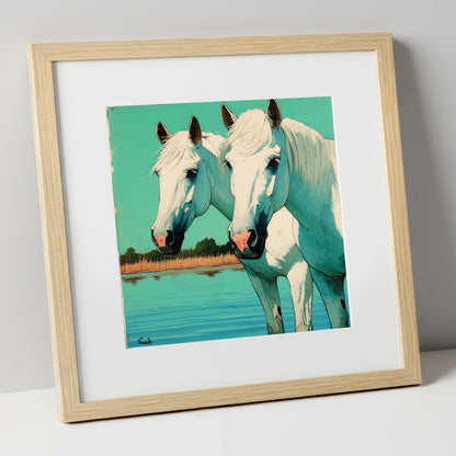 Companions in Teal Waters horse landscape art print in natural frame