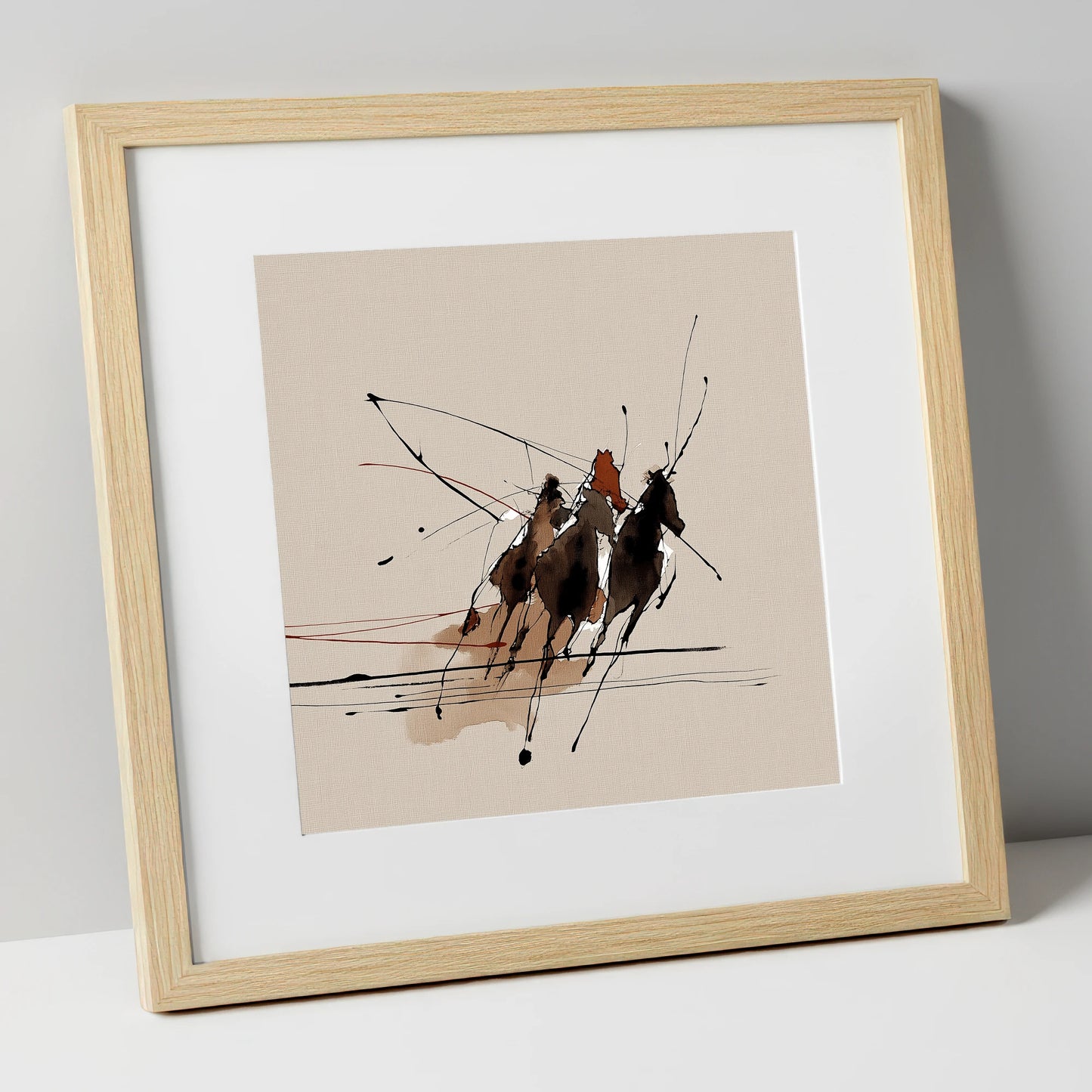 Abstract Polo Charge polo horse art print in natural frame