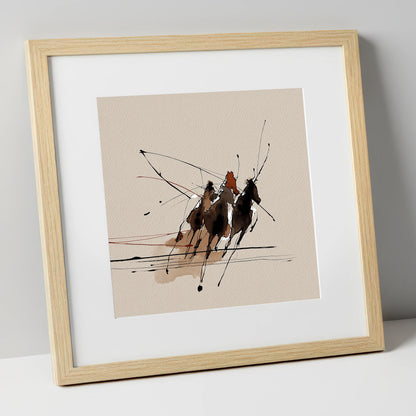 Abstract Polo Charge polo horse art print in natural frame