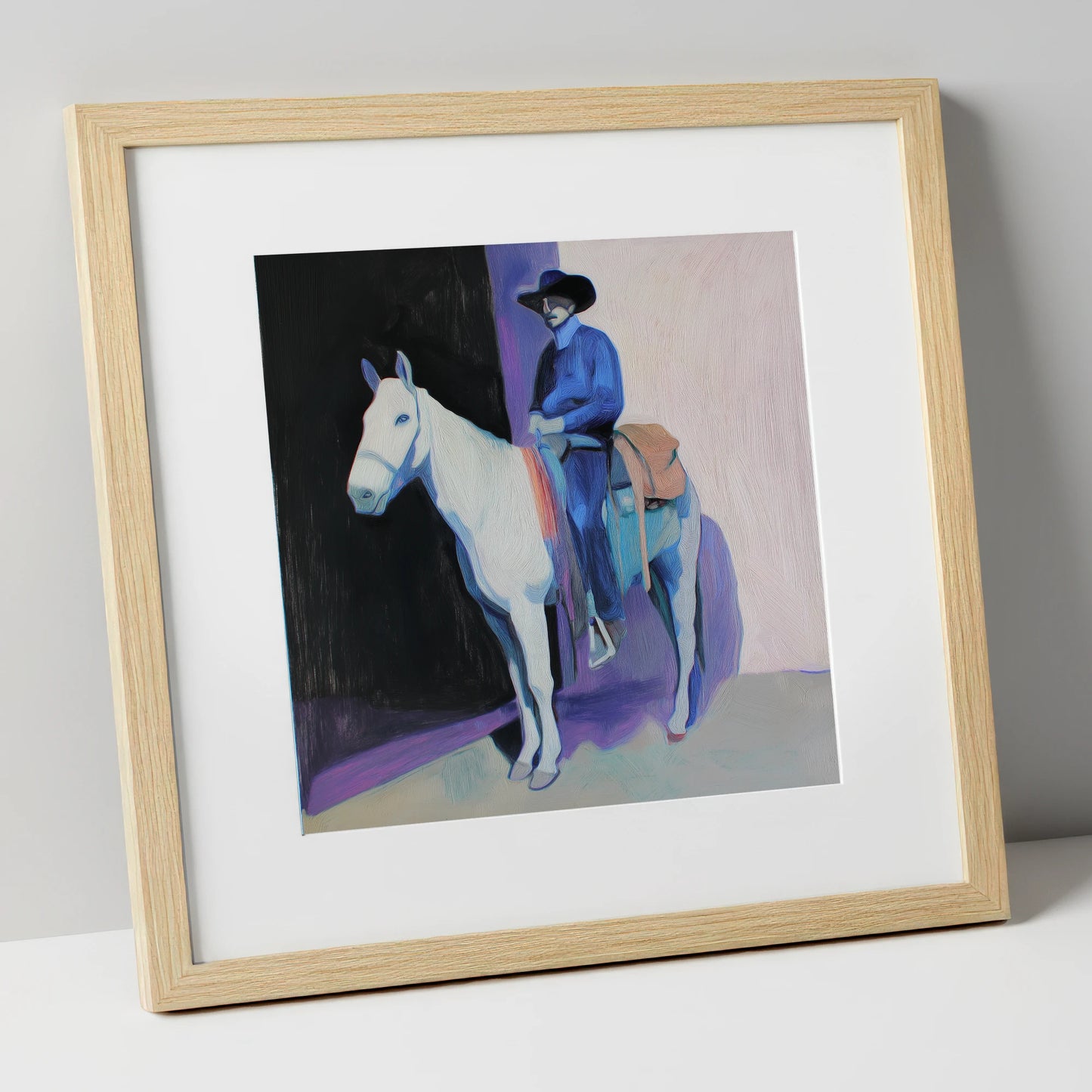The Indigo Rider western horse art print in natural frame