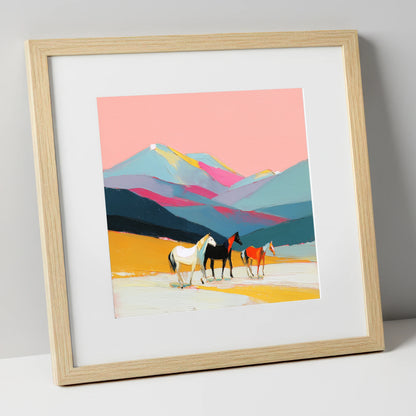 Vibrant Mountain Herd horse landscape art print in natural frame