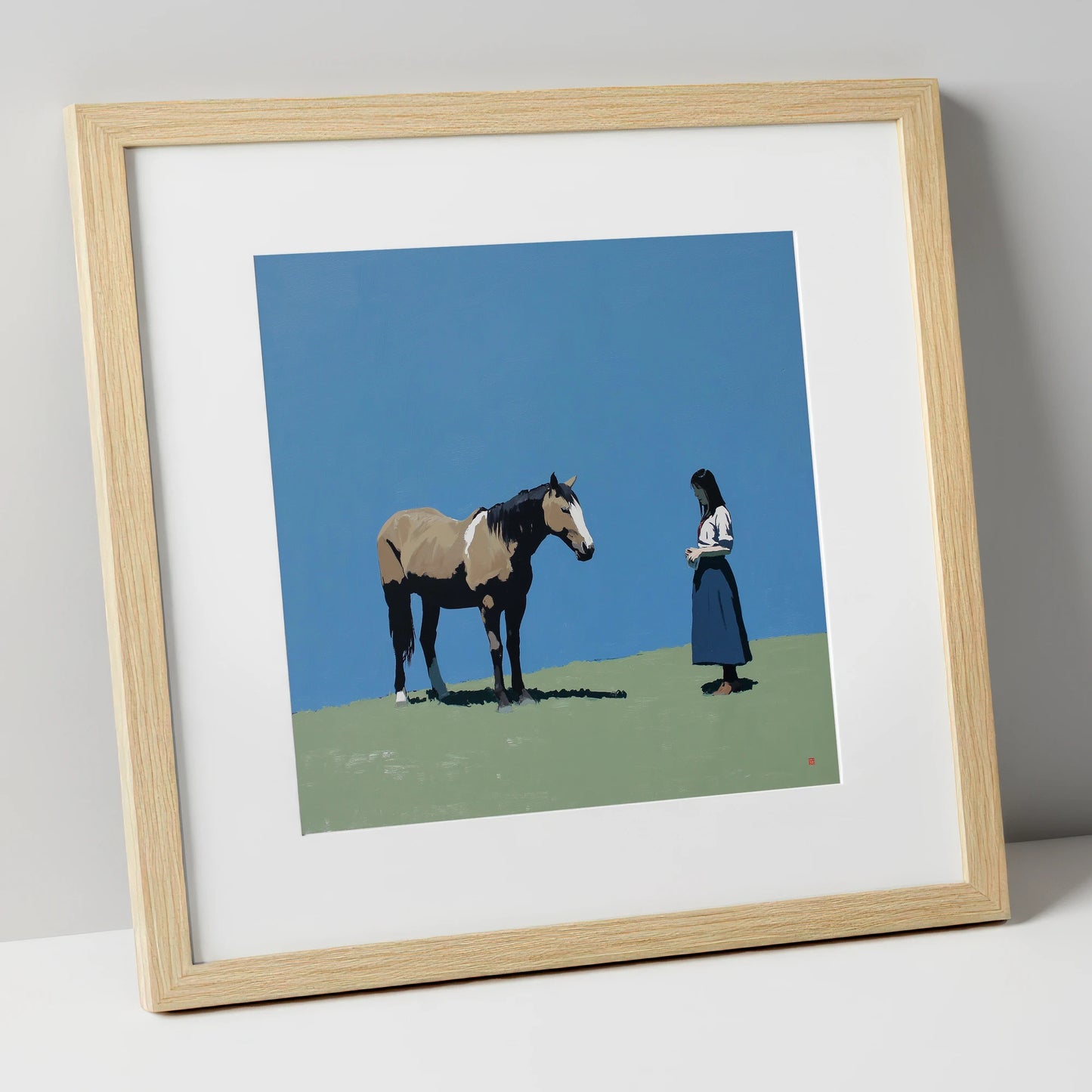 Silent Understanding horse & rider art print in natural frame